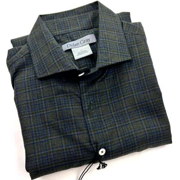 New Dylan Gray Men US L Dress Shirt Button Down Long Sleeve Gray Olive Plaid - Picture 7 of 12